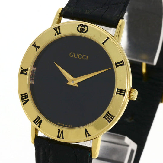 GUCCI Watches Quartz 3000.2M Gold Plated, Leather gold Round face black dial mens Used Authentic