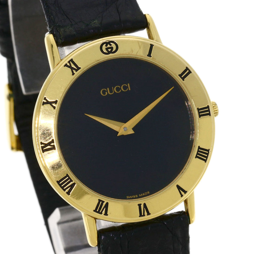 GUCCI Watches Quartz 3000.2M Gold Plated, Leather gold Round face black dial mens Used Authentic