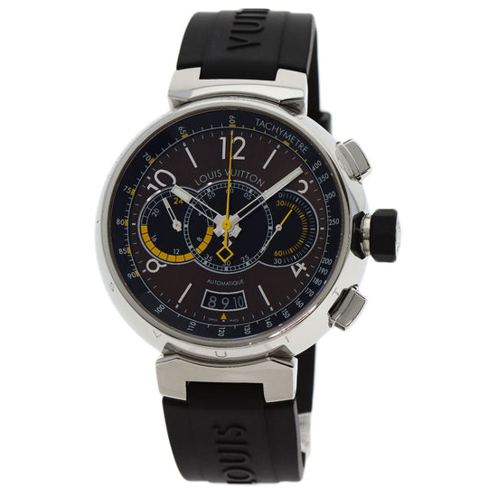 LOUIS VUITTON Watches Mechanical Automatic Q102L Stainless Steel Silver Tambour Voyage Chronograph Brown dial