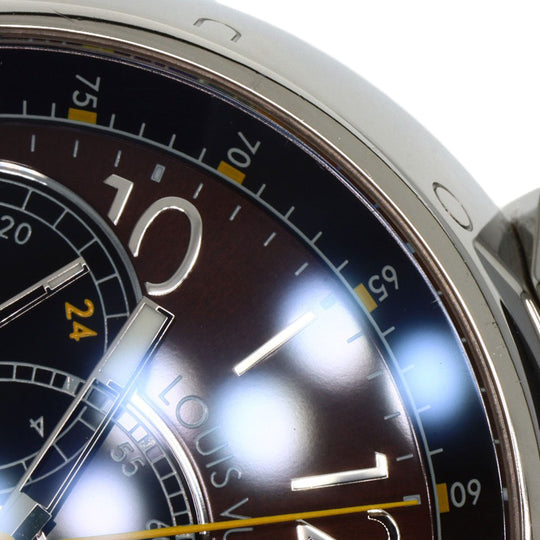 LOUIS VUITTON Watches Mechanical Automatic Q102L Stainless Steel Silver Tambour Voyage Chronograph Brown dial