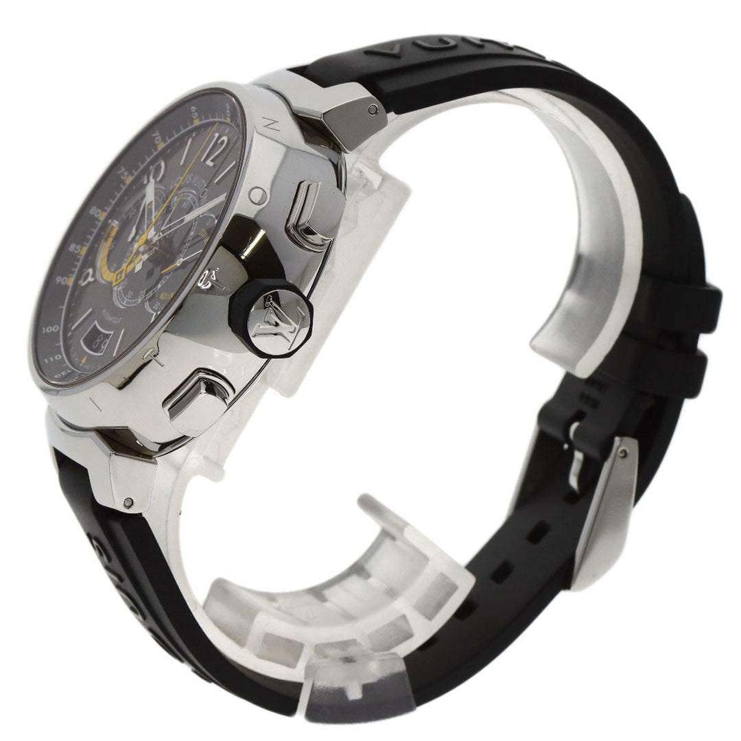 LOUIS VUITTON Watches Mechanical Automatic Q102L Stainless Steel Silver Tambour Voyage Chronograph Brown dial