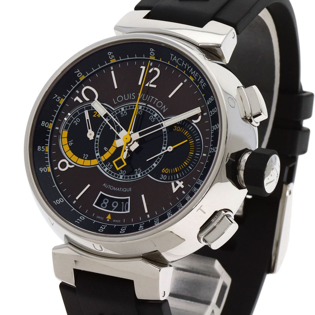 LOUIS VUITTON Watches Mechanical Automatic Q102L Stainless Steel Silver Tambour Voyage Chronograph Brown dial