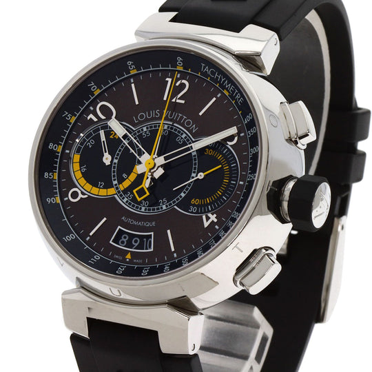 LOUIS VUITTON Watches Mechanical Automatic Q102L Stainless Steel Silver Tambour Voyage Chronograph Brown dial