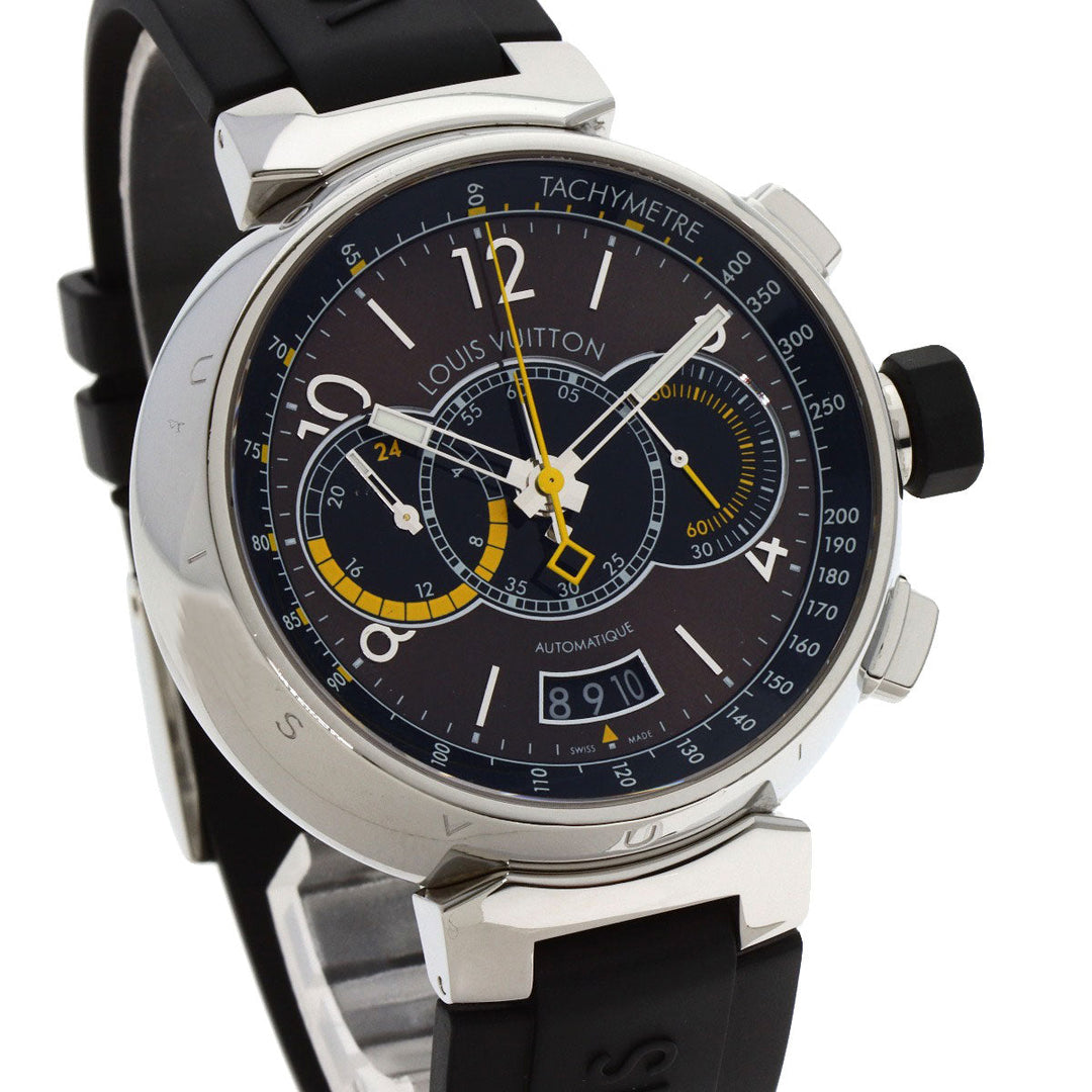 LOUIS VUITTON Watches Mechanical Automatic Q102L Stainless Steel Silver Tambour Voyage Chronograph Brown dial