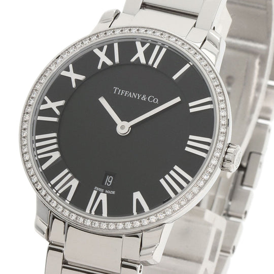 TIFFANY&Co. Watches Quartz Stainless Steel , Stainless Steel Silver Atlas Dome Bezel Diamond black dial Women Used Authentic