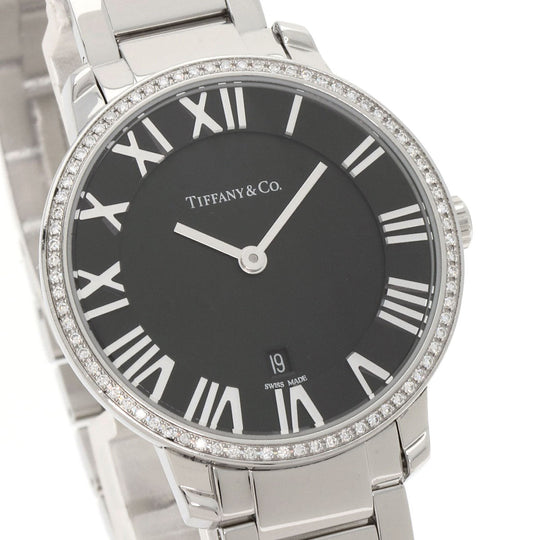 TIFFANY&Co. Watches Quartz Stainless Steel , Stainless Steel Silver Atlas Dome Bezel Diamond black dial Women Used Authentic
