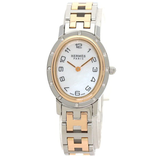HERMES Watches Quartz CO1.222 Stainless Steel, SSxPGP, Diamond gold Clipper oval White shell dial Women Used Authentic