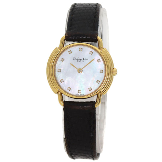Christian Dior Watches Quartz 58.121.2 Gold Plated, Leather gold Round Face 12P Diamond White shell dial Women Used Authentic