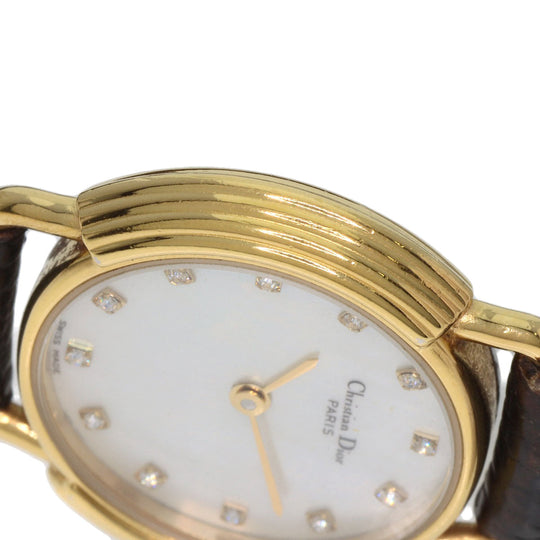 Christian Dior Watches Quartz 58.121.2 Gold Plated, Leather gold Round Face 12P Diamond White shell dial Women Used Authentic