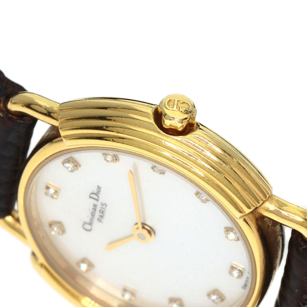 Christian Dior Watches Quartz 58.121.2 Gold Plated, Leather gold Round Face 12P Diamond White shell dial Women Used Authentic