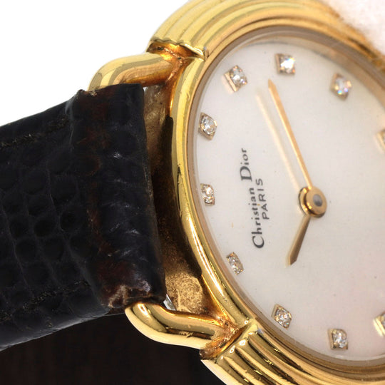 Christian Dior Watches Quartz 58.121.2 Gold Plated, Leather gold Round Face 12P Diamond White shell dial Women Used Authentic