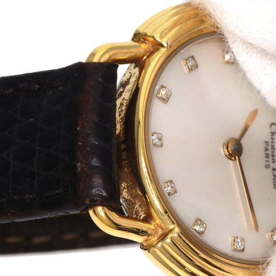 Christian Dior Watches Quartz 58.121.2 Gold Plated, Leather gold Round Face 12P Diamond White shell dial Women Used Authentic