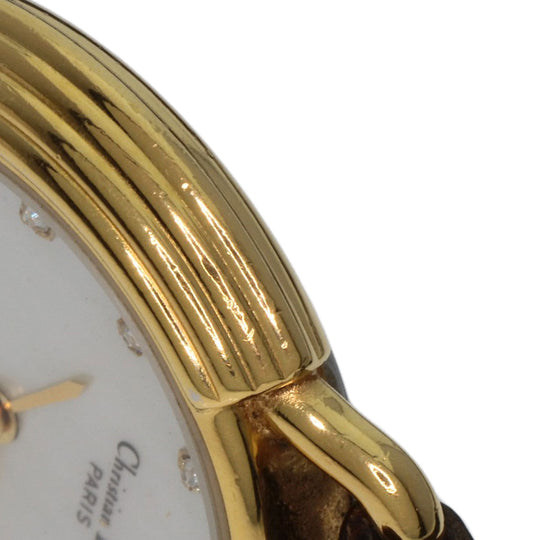Christian Dior Watches Quartz 58.121.2 Gold Plated, Leather gold Round Face 12P Diamond White shell dial Women Used Authentic