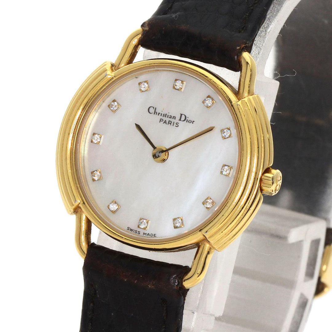 Christian Dior Watches Quartz 58.121.2 Gold Plated, Leather gold Round Face 12P Diamond White shell dial Women Used Authentic