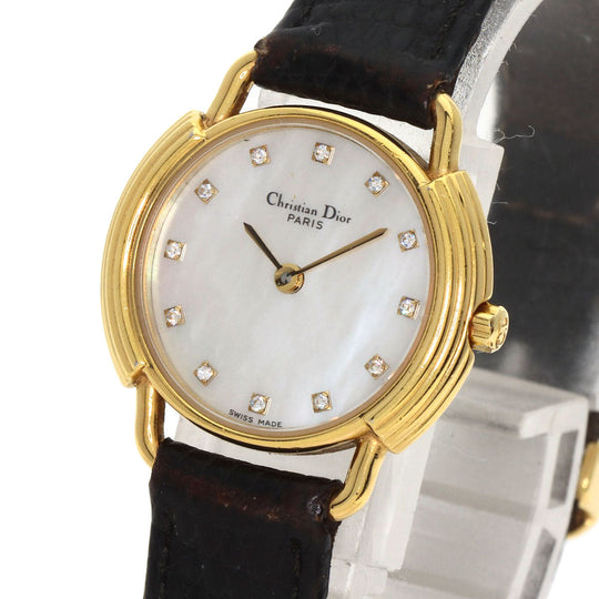 Christian Dior Watches Quartz 58.121.2 Gold Plated, Leather gold Round Face 12P Diamond White shell dial Women Used Authentic