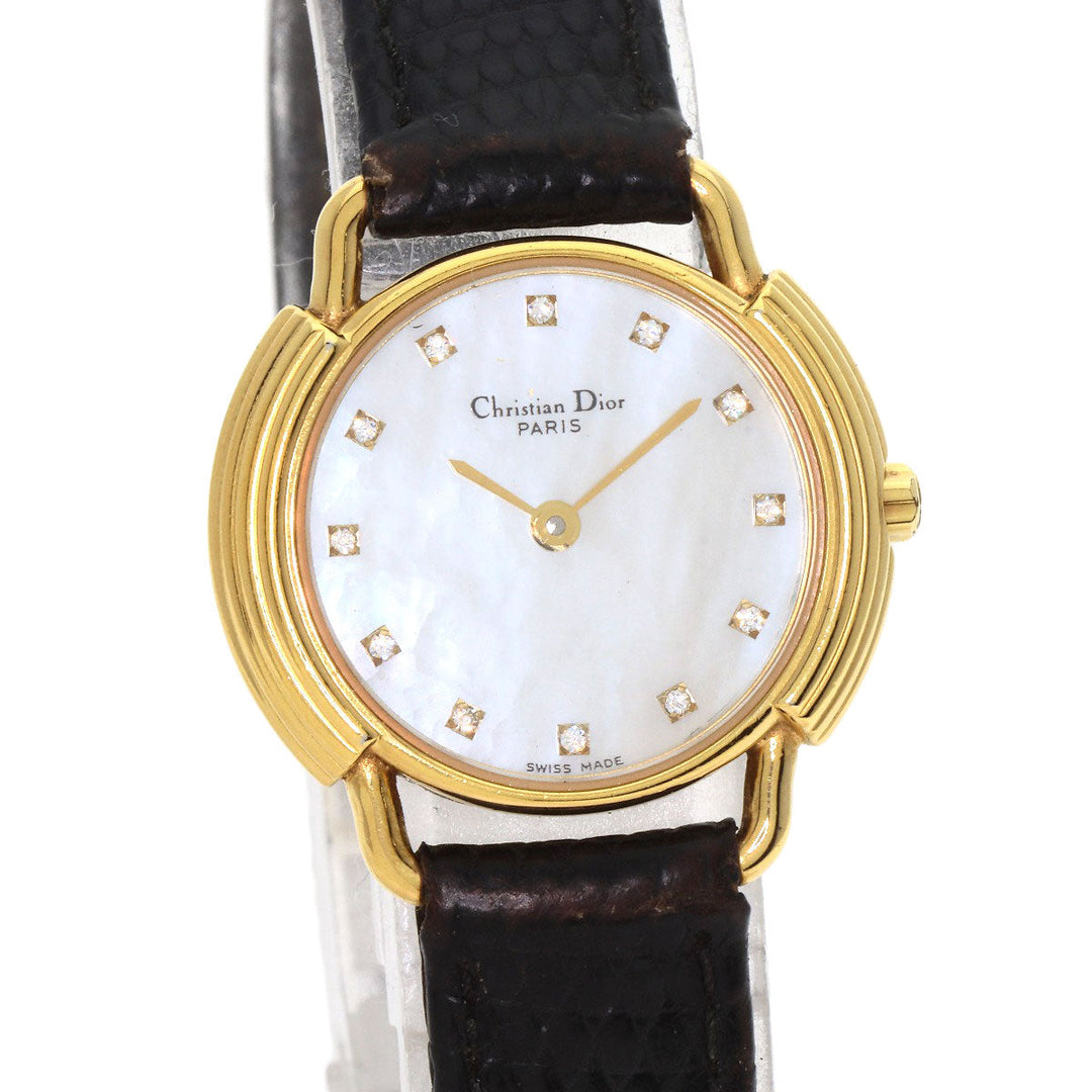 Christian Dior Watches Quartz 58.121.2 Gold Plated, Leather gold Round Face 12P Diamond White shell dial Women Used Authentic