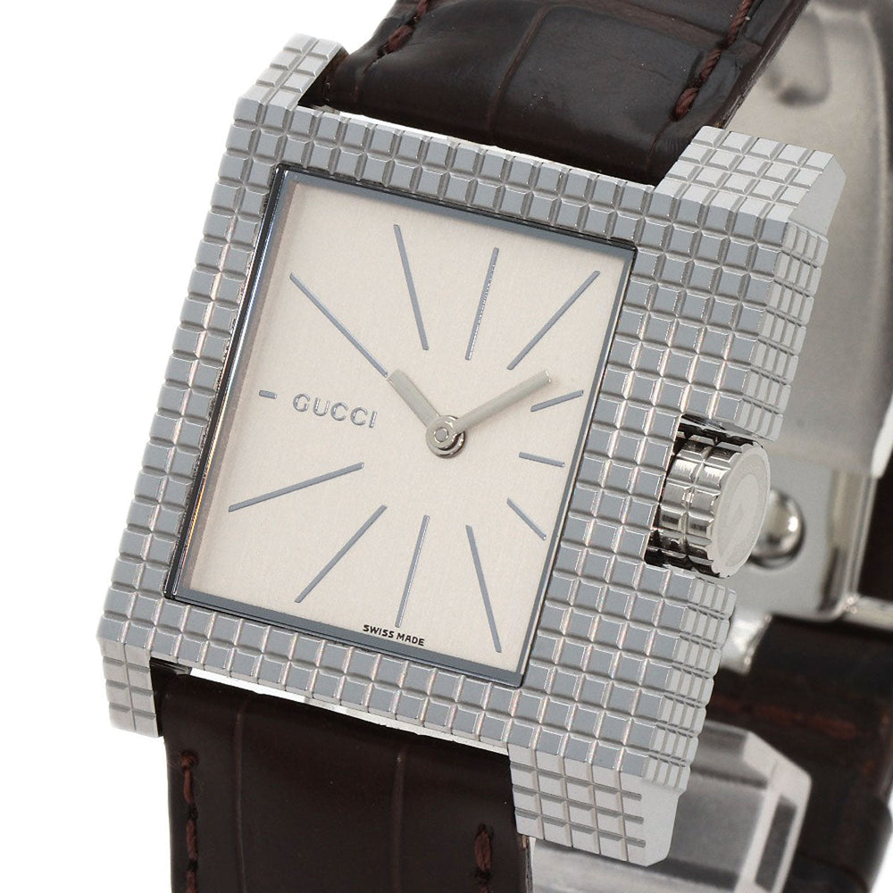 GUCCI Watches Quartz 7100M Stainless Steel, Leather Silver Square face Silver dial mens Used Authentic