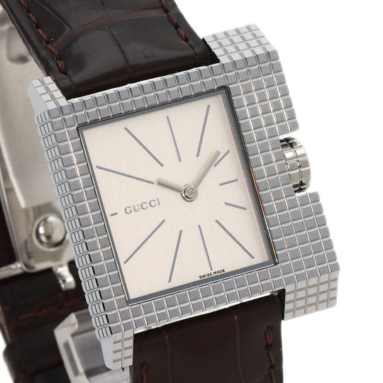 GUCCI Watches Quartz 7100M Stainless Steel, Leather Silver Square face Silver dial mens Used Authentic