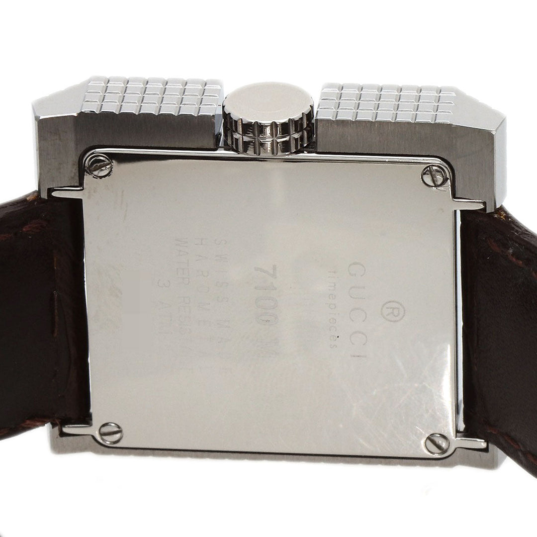 GUCCI Watches Quartz 7100M Stainless Steel, Leather Silver Square face Silver dial mens Used Authentic