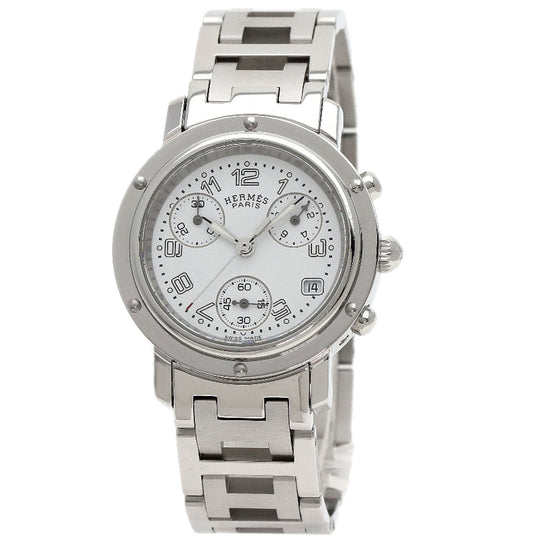 HERMES Watches Quartz CL1.310 Stainless Steel , Stainless Steel Silver Clipper Chronograph New Buckle white dial Women Used Authentic