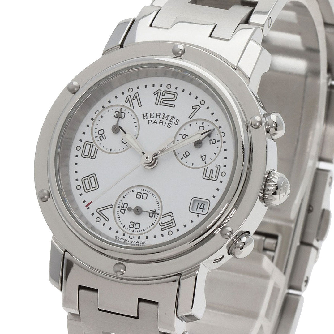HERMES Watches Quartz CL1.310 Stainless Steel , Stainless Steel Silver Clipper Chronograph New Buckle white dial Women Used Authentic