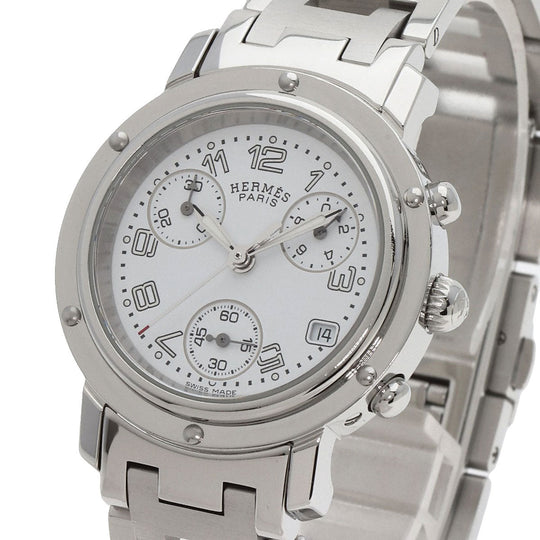 HERMES Watches Quartz CL1.310 Stainless Steel , Stainless Steel Silver Clipper Chronograph New Buckle white dial Women Used Authentic