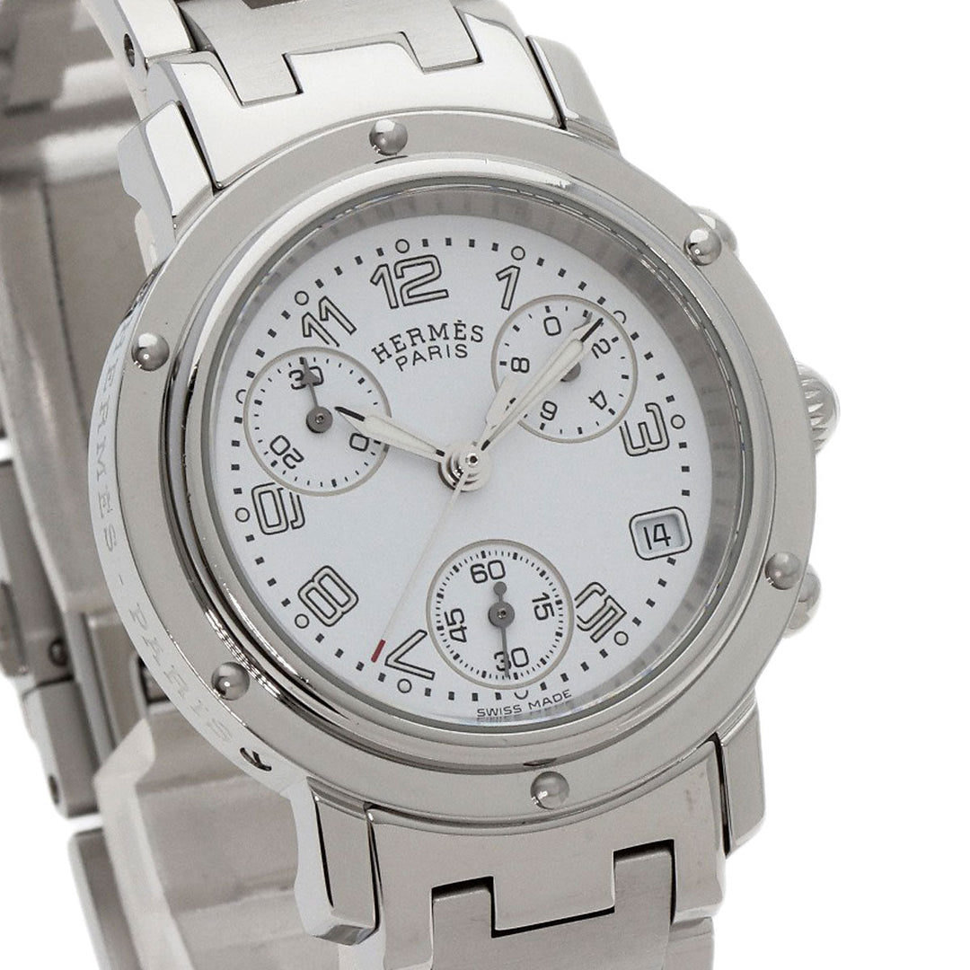HERMES Watches Quartz CL1.310 Stainless Steel , Stainless Steel Silver Clipper Chronograph New Buckle white dial Women Used Authentic