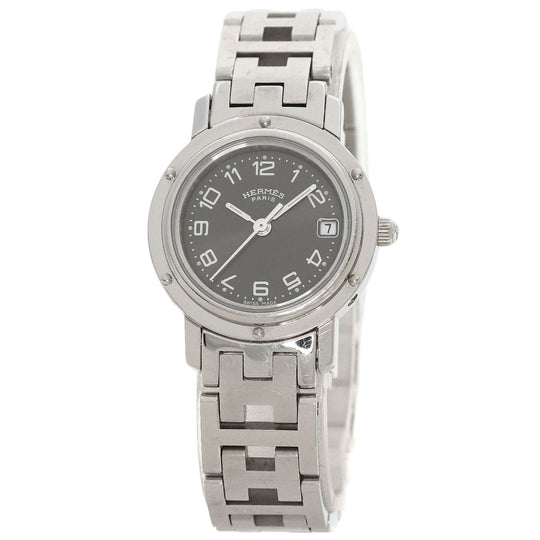 HERMES Watches Quartz CL4.210 Stainless Steel , Stainless Steel Silver Clipper black dial Women Used Authentic
