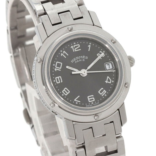 HERMES Watches Quartz CL4.210 Stainless Steel , Stainless Steel Silver Clipper black dial Women Used Authentic