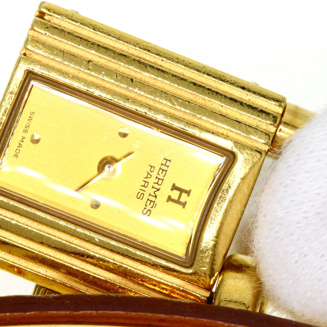 HERMES Watches Quartz Gold Plated, Leather gold Kelly watch gold dial Women Used Authentic