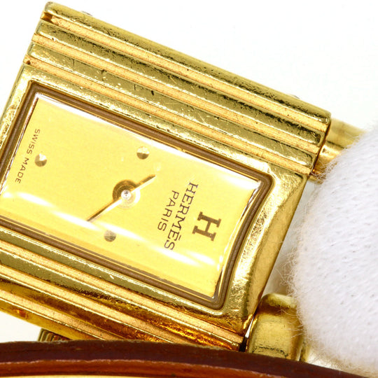 HERMES Watches Quartz Gold Plated, Leather gold Kelly watch gold dial Women Used Authentic