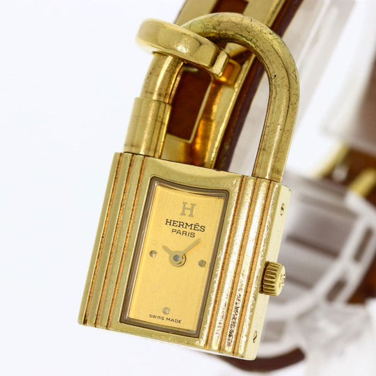 HERMES Watches Quartz Gold Plated, Leather gold Kelly watch gold dial Women Used Authentic