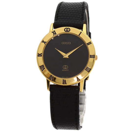 GUCCI Watches Quartz 3001M Gold Plated, Leather gold Round face black dial mens Used Authentic