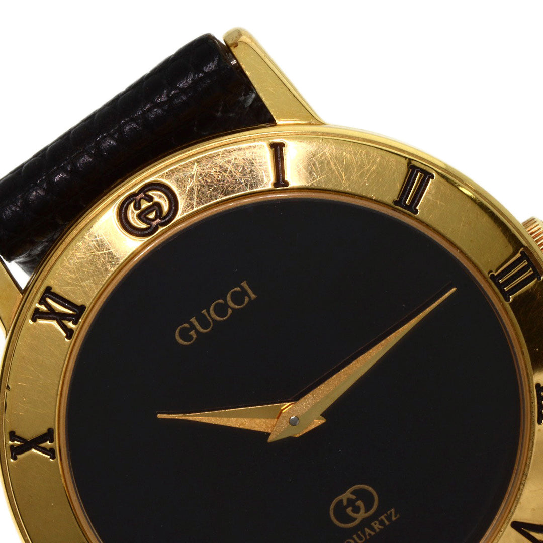 GUCCI Watches Quartz 3001M Gold Plated, Leather gold Round face black dial mens Used Authentic