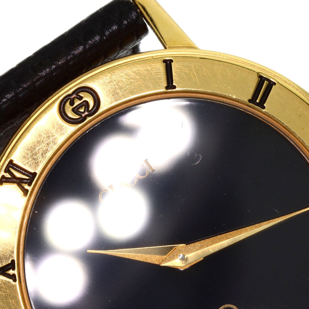 GUCCI Watches Quartz 3001M Gold Plated, Leather gold Round face black dial mens Used Authentic