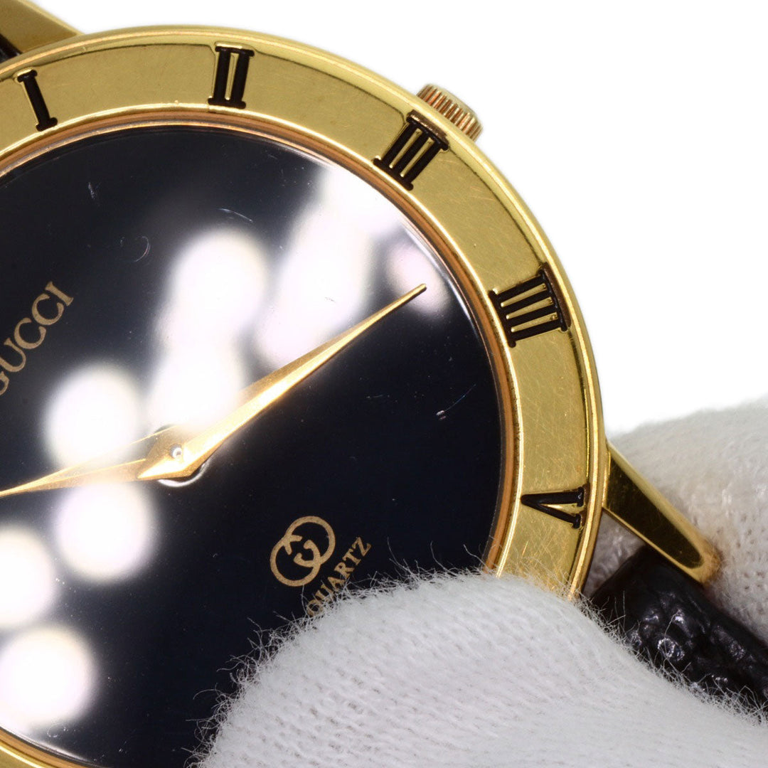 GUCCI Watches Quartz 3001M Gold Plated, Leather gold Round face black dial mens Used Authentic