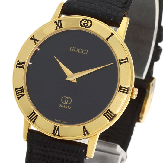 GUCCI Watches Quartz 3001M Gold Plated, Leather gold Round face black dial mens Used Authentic