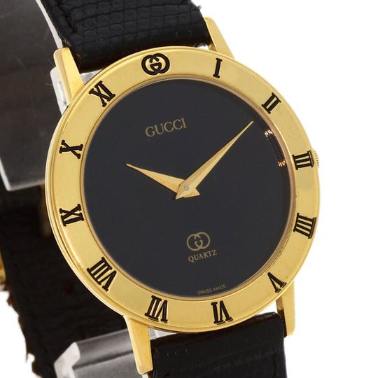 GUCCI Watches Quartz 3001M Gold Plated, Leather gold Round face black dial mens Used Authentic