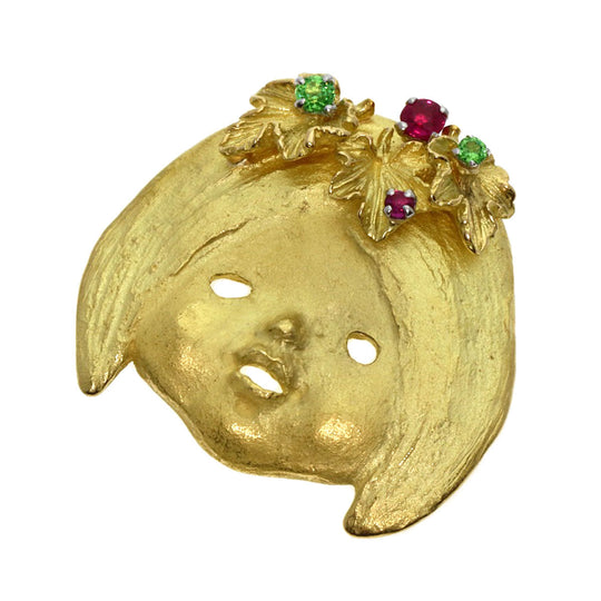 IWAKURA KOJI Brooch K18YG , PT900 gold Girl Color Stone Pendant Top Women Used Authentic