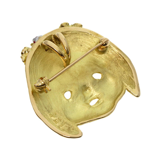 IWAKURA KOJI Brooch K18YG , PT900 gold Girl Color Stone Pendant Top Women Used Authentic