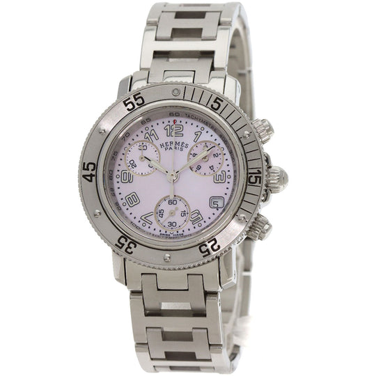 HERMES Watches Quartz CL2.310 Stainless Steel Silver Clipper Diver Chronograph New Buckle Pink shell dial