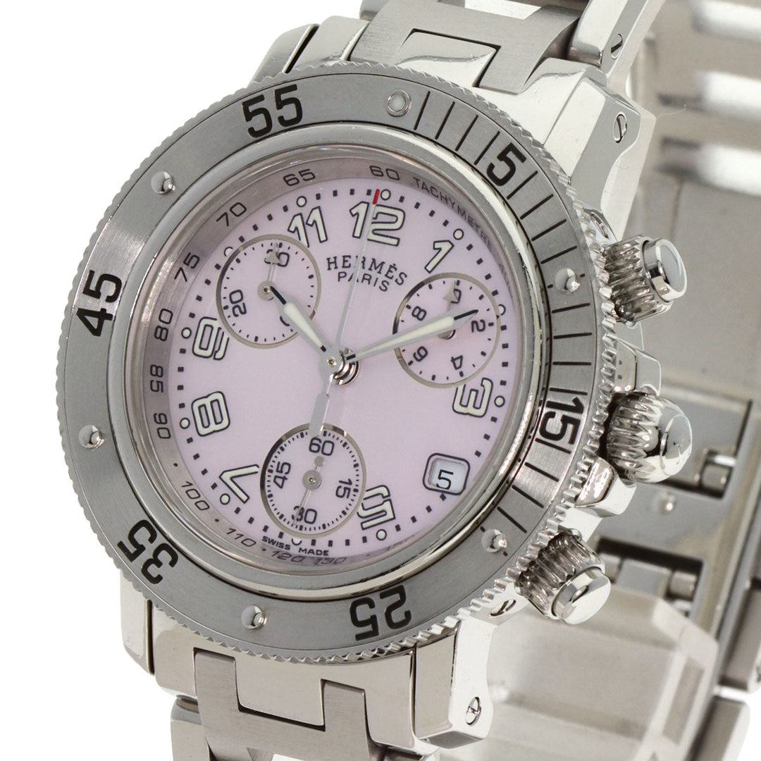 HERMES Watches Quartz CL2.310 Stainless Steel Silver Clipper Diver Chronograph New Buckle Pink shell dial