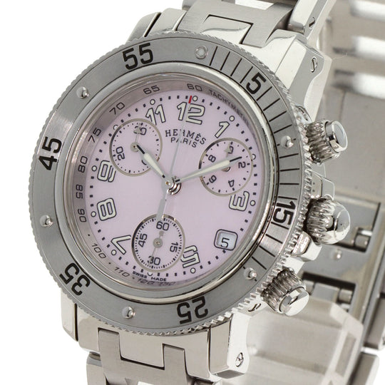 HERMES Watches Quartz CL2.310 Stainless Steel Silver Clipper Diver Chronograph New Buckle Pink shell dial