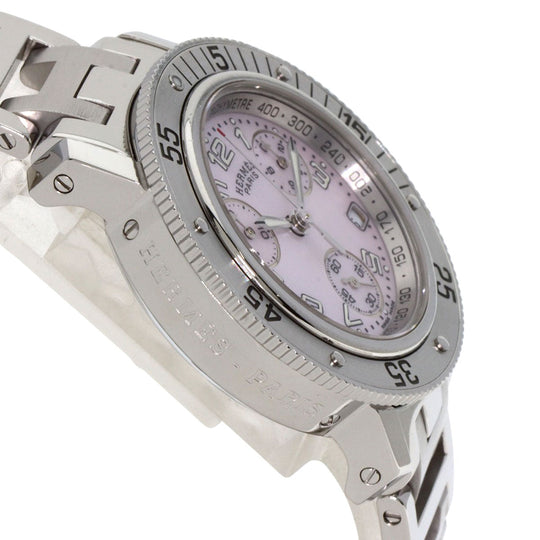 HERMES Watches Quartz CL2.310 Stainless Steel Silver Clipper Diver Chronograph New Buckle Pink shell dial