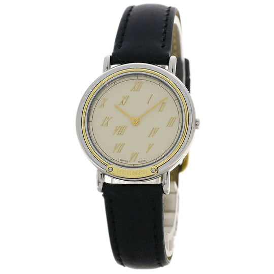 HERMES Watches Quartz Combination, Leather Silver Meteor Ivory dial mens Used Authentic