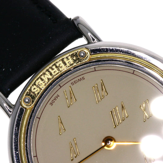HERMES Watches Quartz Combination, Leather Silver Meteor Ivory dial mens Used Authentic