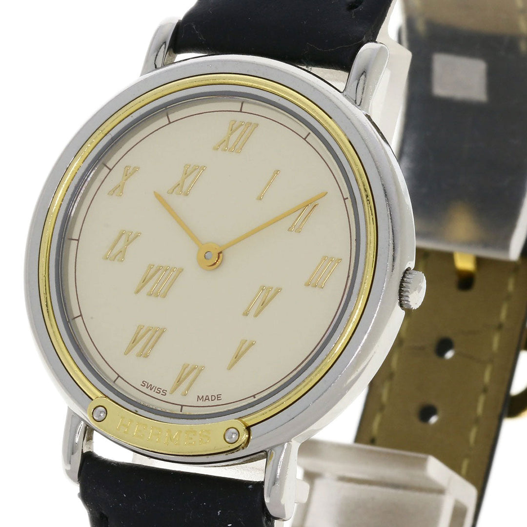HERMES Watches Quartz Combination, Leather Silver Meteor Ivory dial mens Used Authentic