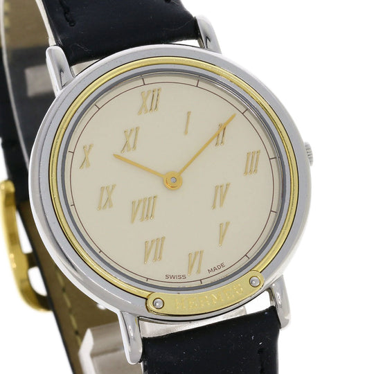 HERMES Watches Quartz Combination, Leather Silver Meteor Ivory dial mens Used Authentic