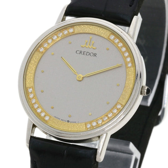 SEIKO Watches Quartz 9570-6030 PT900, leather Silver CREDOR Diamond Silver dial mens Used Authentic
