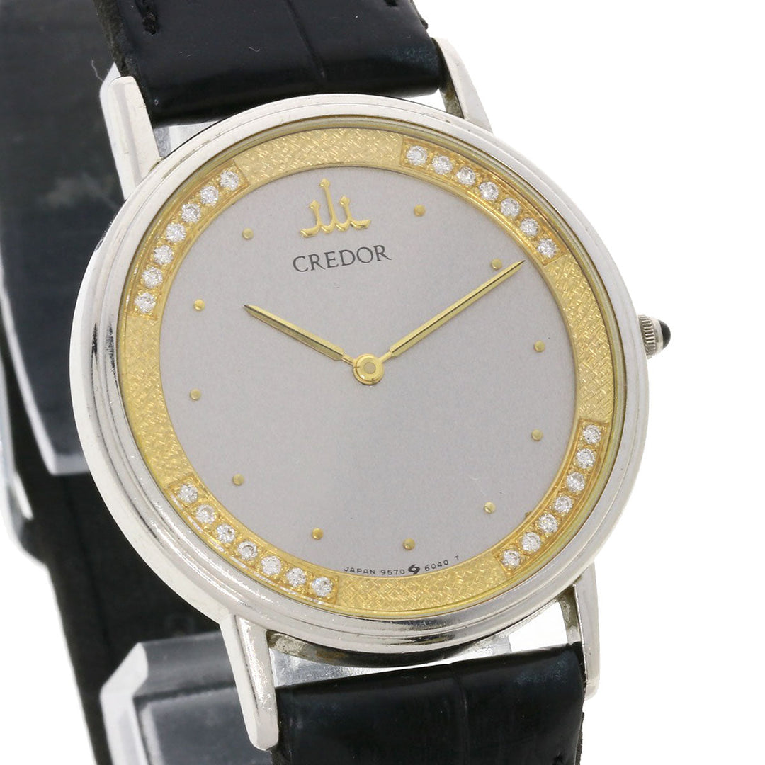 SEIKO Watches Quartz 9570-6030 PT900, leather Silver CREDOR Diamond Silver dial mens Used Authentic